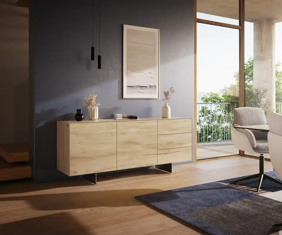 Sideboard Cuor 180 cm Keramik Laminam® Sabbia Eichefarbig 2 Türen 3 Schubfächer Fuß Schwebeoptik Edelstahl Markenprodukt