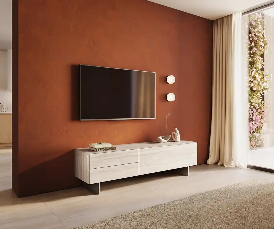 Lowboard Cuor 180 cm Keramik Laminam® Travertino Bianco Creme-Weiß 1 Klappe 2 Schubfächer Fuß Schwebeoptik Edelstahl Finale Aktion