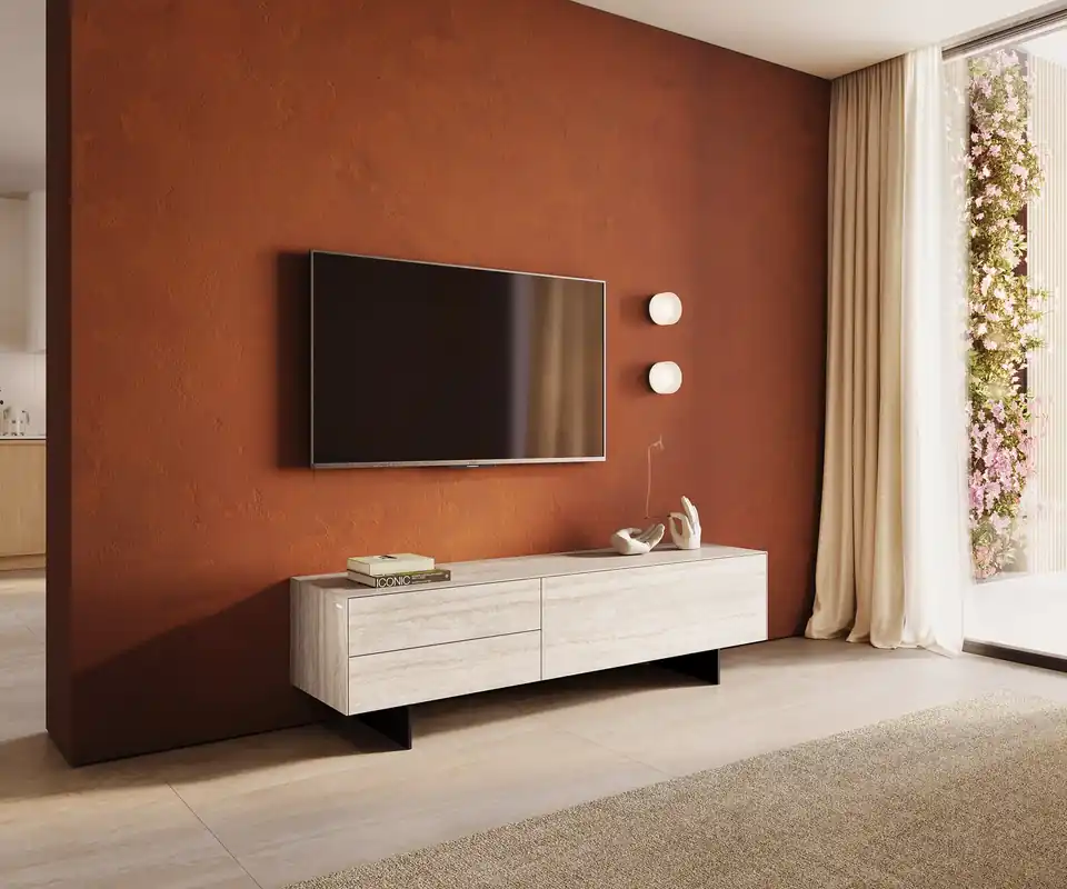 Neue Kollektion Lowboard Cuor 180 cm Keramik Laminam® Travertino Bianco Creme-Weiß 1 Klappe 2 Schubfächer Fuß Schwebeoptik Metall Schwarz