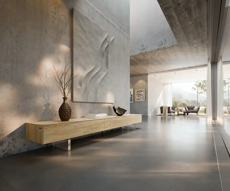 Sichere Zahlung Lowboard Cuor 250 cm Keramik Laminam® Sabbia Eichefarbig 1 Klappe 1 Schubfach Fuß Schwebeoptik Acrylglas