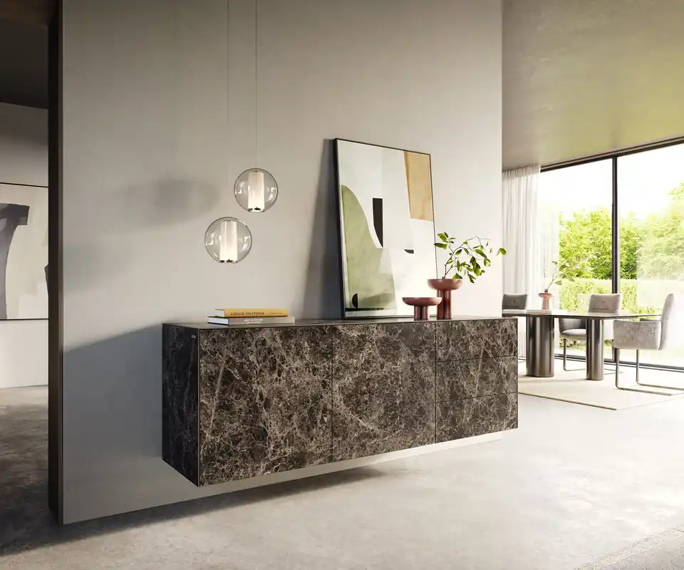 Sofort Bestellen Sideboard Cuor 180 cm Keramik Emperador Extra Lucidato Dunkelbraun 2 Türen 3 Schubfächer Schwebend