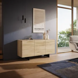 Angebot Sideboard Cuor 150 cm Keramik Laminam® Sabbia Eichefarbig 3 Türen Fuß Schwebeoptik Metall Schwarz