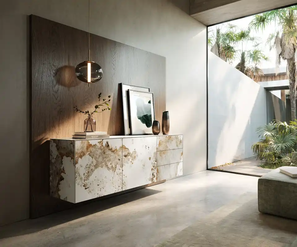 Super-Preis Sideboard Cuor 180 cm Keramik Minas Melange Weiß-Beige 2 Türen 3 Schubfächer Schwebend