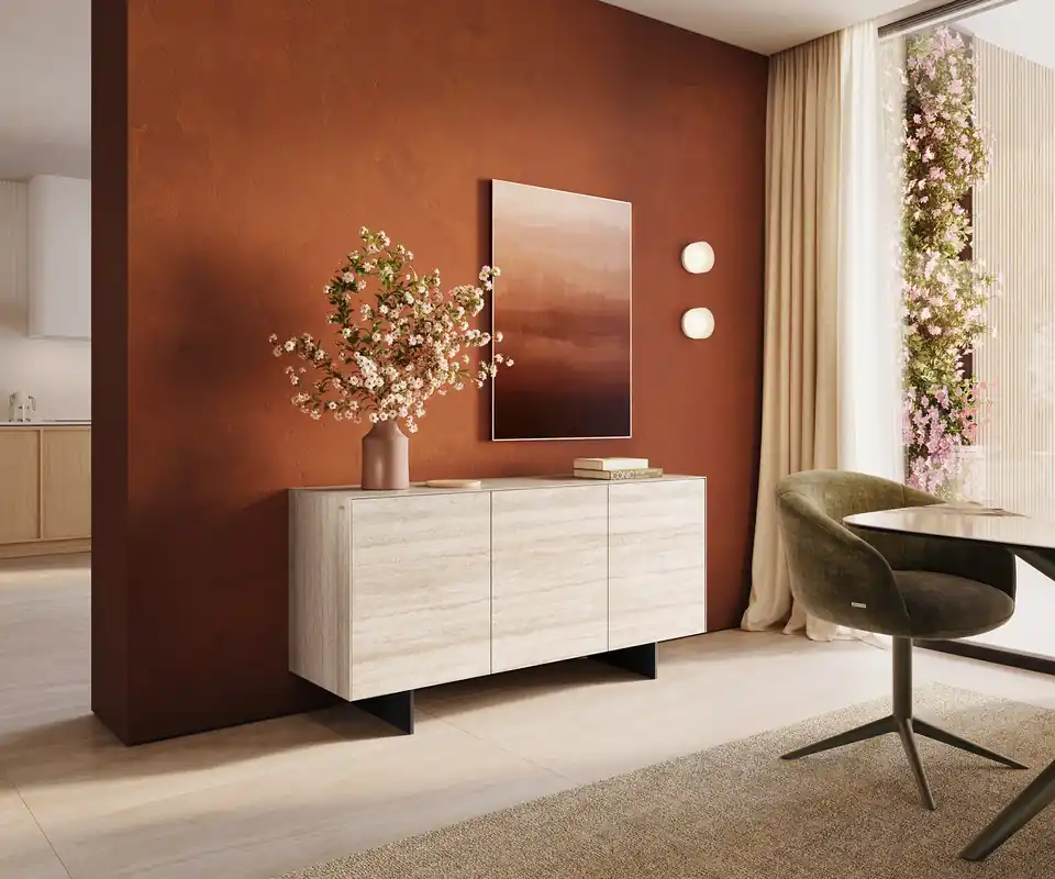 Sideboard Cuor 150 cm Keramik Laminam® Travertino Bianco Creme-Weiß 3 Türen Fuß Schwebeoptik Metall Schwarz Kracherpreis