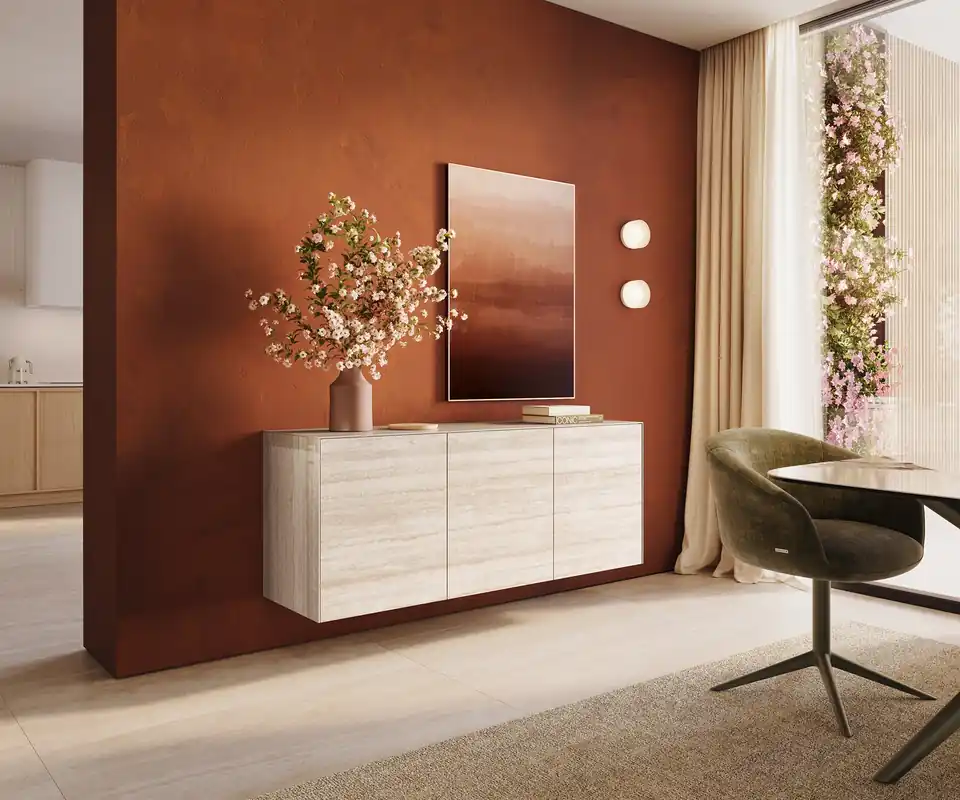 Sideboard Cuor 150 cm Keramik Laminam® Travertino Bianco Creme-Weiß 3 Türen Schwebend Heißes Angebot