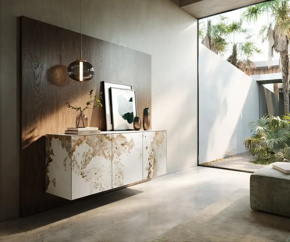 Zertifiziert Sideboard Cuor 150 cm Keramik Minas Melange Weiß-Beige 3 Türen Schwebend