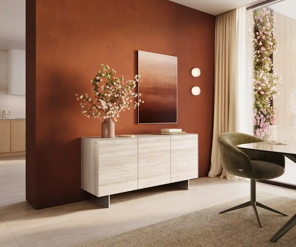 Sideboard Cuor 150 cm Keramik Laminam® Travertino Bianco Creme-Weiß 3 Türen Fuß Schwebeoptik Edelstahl Kracherpreis