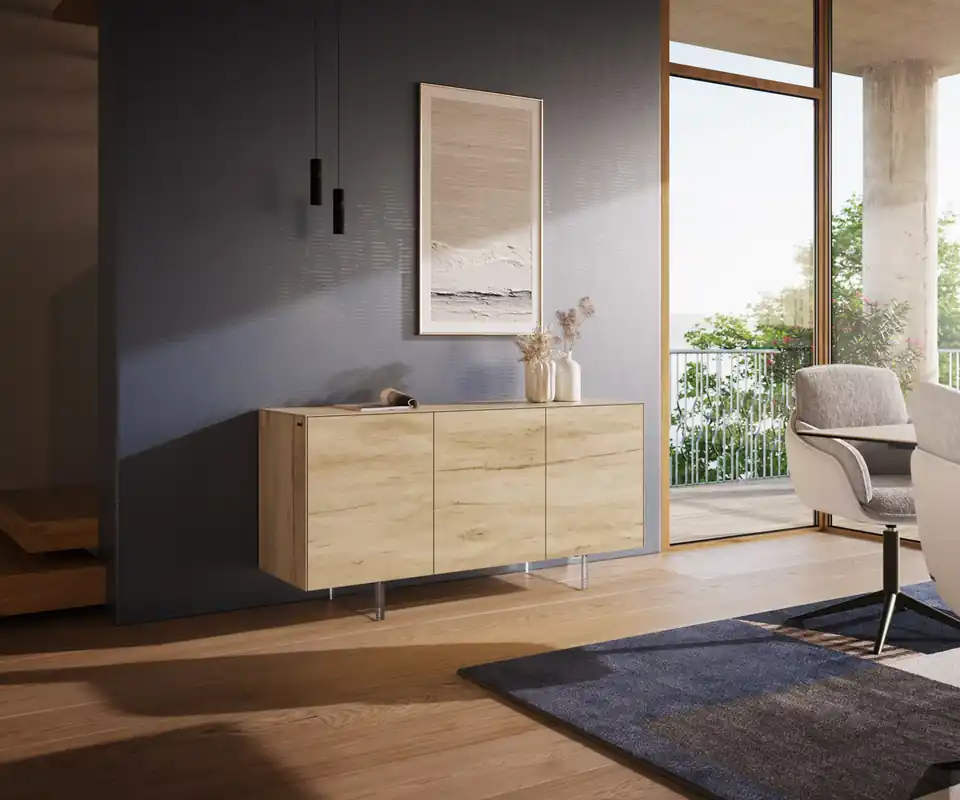 Preisknaller Sideboard Cuor 150 cm Keramik Laminam® Sabbia Eichefarbig 3 Türen Fuß Schwebeoptik Acrylglas
