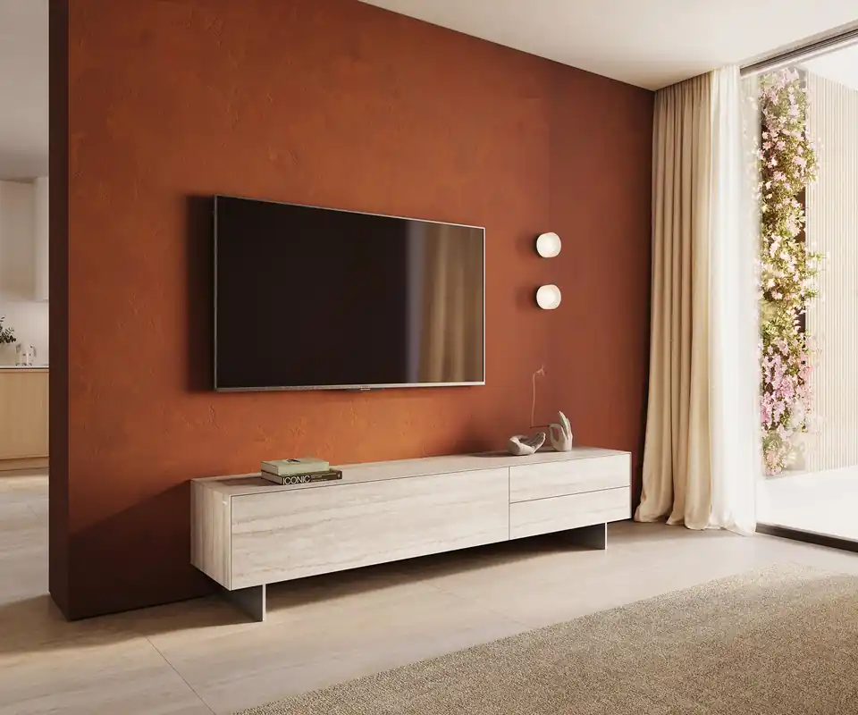 Lowboard Cuor 220 cm Keramik Laminam® Travertino Bianco Creme-Weiß 1 Klappe 2 Schubfächer Fuß Schwebeoptik Edelstahl Neu Im Sortiment