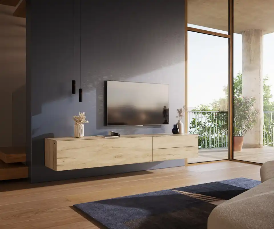 Bestseller Lowboard Cuor 220 cm Keramik Laminam® Sabbia Eichefarbig 1 Klappe 2 Schubfächer Schwebend