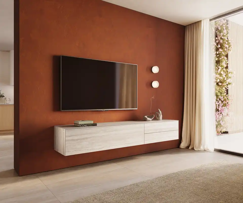 Neue Kollektion Lowboard Cuor 220 cm Keramik Laminam® Travertino Bianco Creme-Weiß 1 Klappe 2 Schubfächer Schwebend