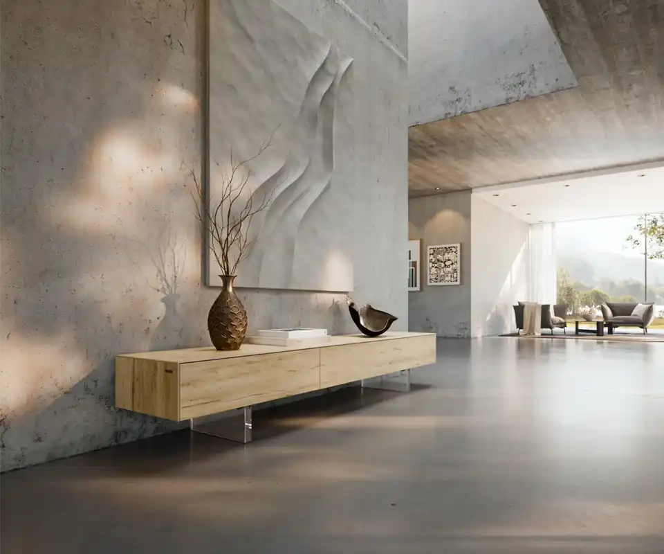Heißes Angebot Lowboard Cuor 200 cm Keramik Laminam® Sabbia Eichefarbig 1 Klappe 1 Schubfach Fuß Schwebeoptik Acrylglas