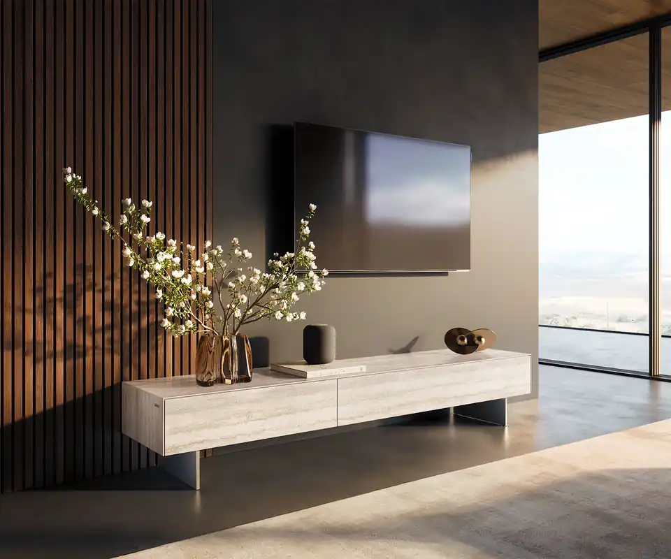 Lowboard Cuor 200 cm Keramik Laminam® Travertino Bianco Creme-Weiß 1 Klappe 1 Schubfach Fuß Schwebeoptik Edelstahl Bestseller