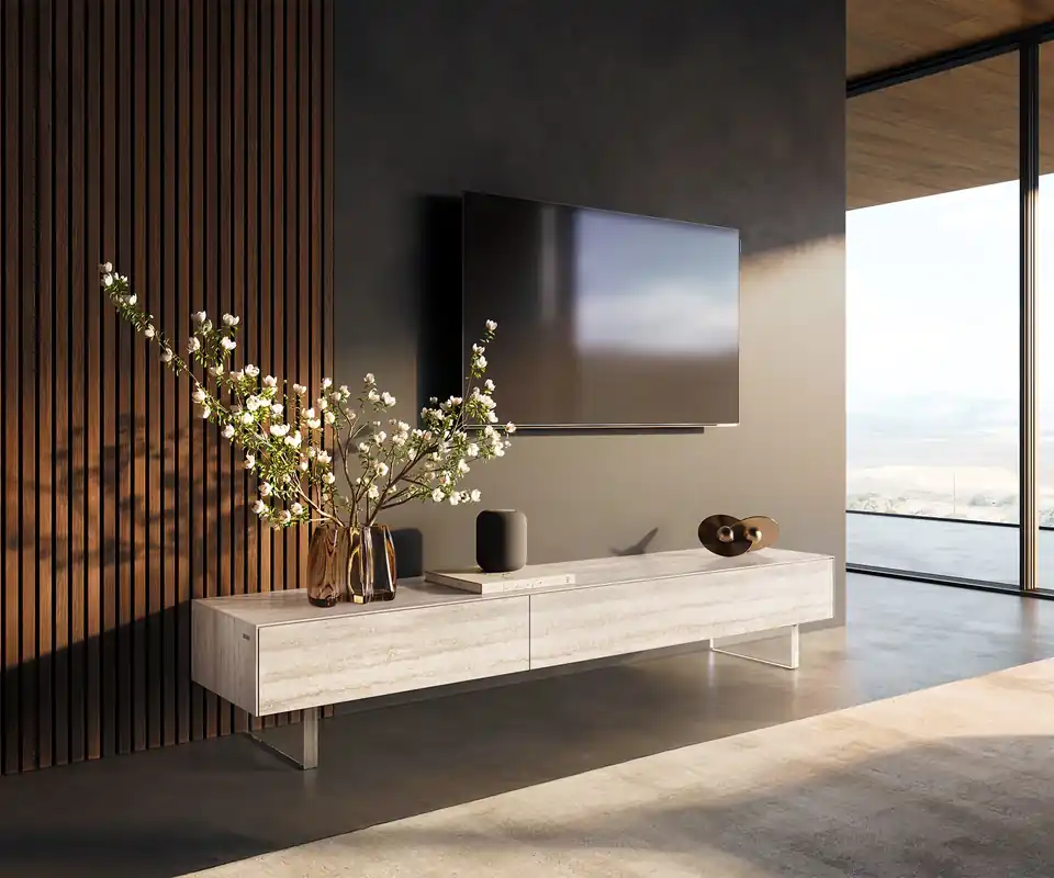 Günstig Lowboard Cuor 200 cm Keramik Laminam® Travertino Bianco Creme-Weiß 1 Klappe 1 Schubfach Fuß Schwebeoptik Acrylglas