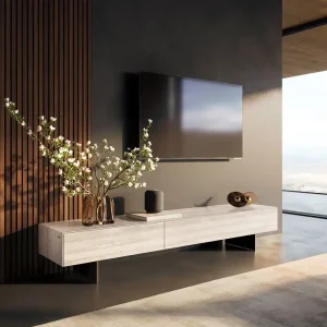 Aktuell Lowboard Cuor 200 cm Keramik Laminam® Travertino Bianco Creme-Weiß 1 Klappe 1 Schubfach Fuß Schwebeoptik Metall Schwarz
