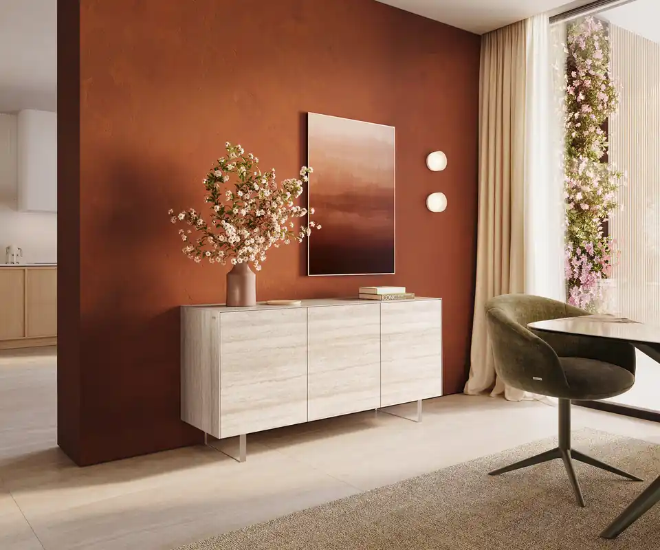 Sideboard Cuor 150 cm Keramik Laminam® Travertino Bianco Creme-Weiß 3 Türen Fuß Schwebeoptik Acrylglas Neue Kollektion