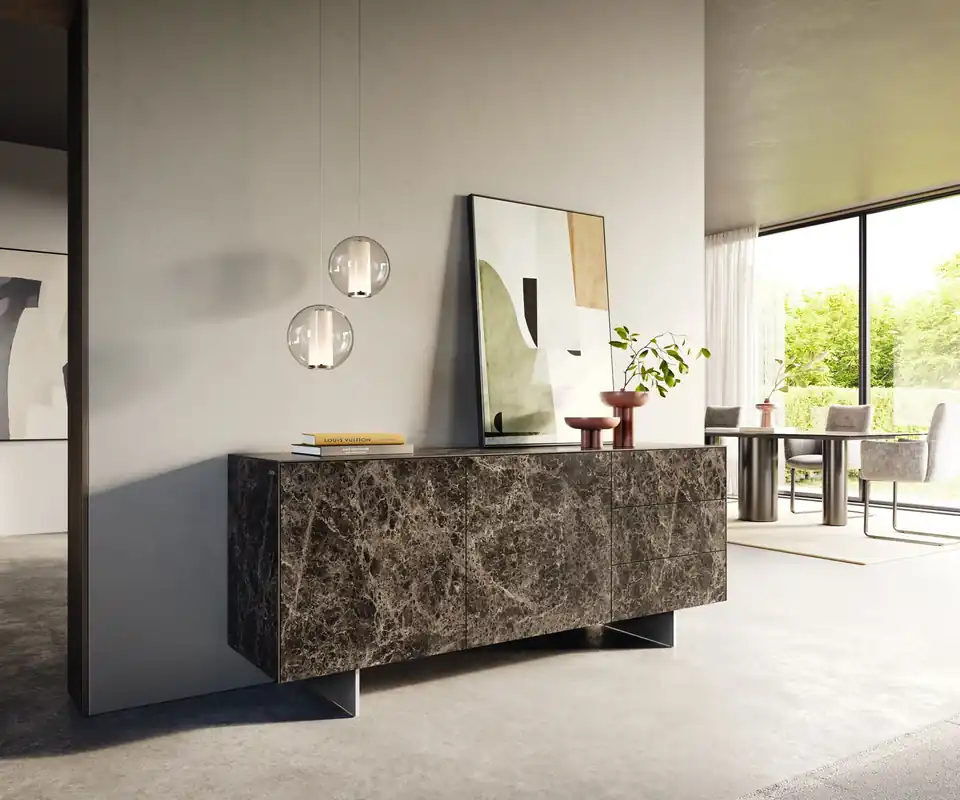 Sideboard Cuor 180 cm Keramik Emperador Extra Lucidato Dunkelbraun 2 Türen 3 Schubfächer Fuß Schwebeoptik Edelstahl Finale Aktion