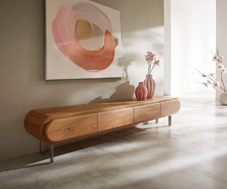 Solange Der Vorrat Reicht Lowboard Sohara 175 cm Akazie Natur 4 Türen L-Fuß silber