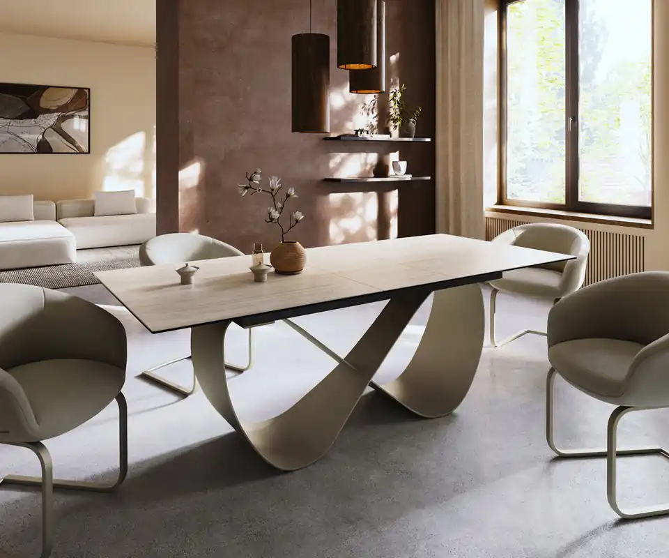 Meistverkauft Esstisch Edge 180-220x100 Keramik Laminam® Travertino Bianco Creme-Weiß Infinity Metall Effektfinish Titan ausziehbar