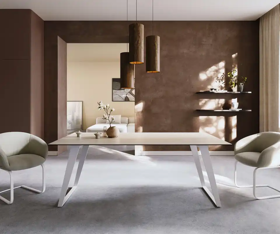 Highlight Esstisch Edge 200x100 Keramik Laminam® Travertino Bianco Creme-Weiß Metall Schräg Weiß