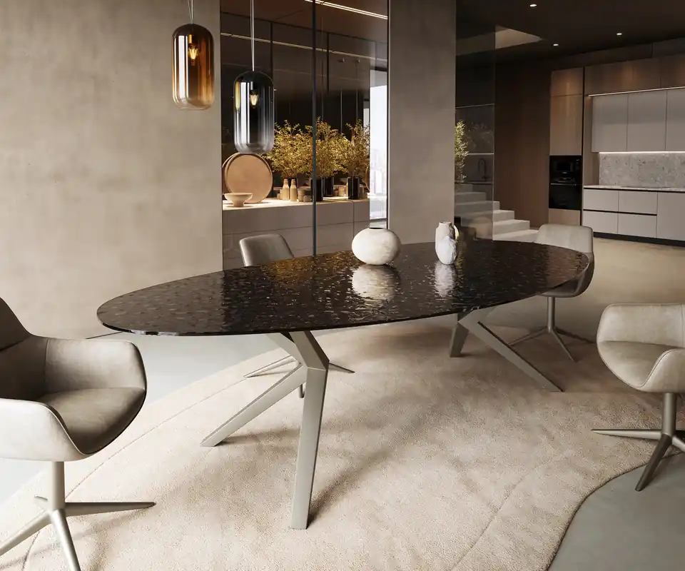 Esstisch Edge Oval 280x130 Reliefglas Rauchschwarz 3D-Design Zenthara kantig Metall Effektfinish Titan Schnäppchen