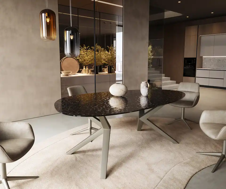 Direktkauf Esstisch Edge Oval 220x120 Reliefglas Rauchschwarz 3D-Design Zenthara kantig Metall Effektfinish Titan