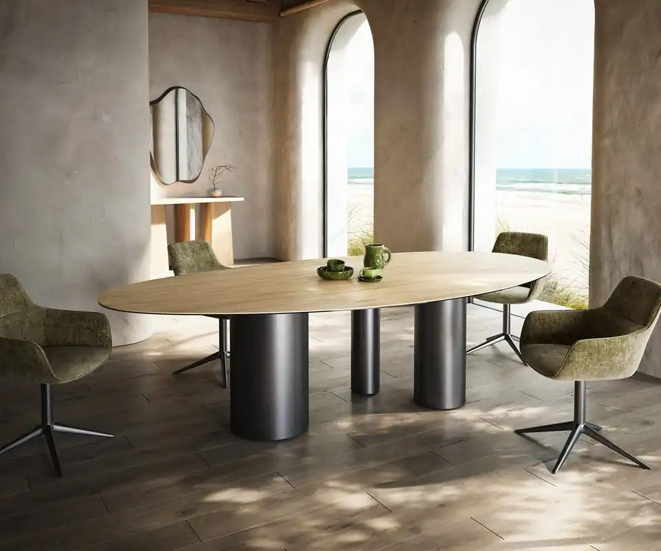 Esstisch Edge Oval 280x130 Keramik Laminam® Sabbia Eichefarbig Troa Edelstahl Graphit Mega-Angebot