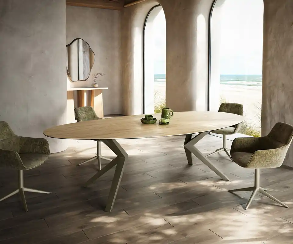 Esstisch Edge Oval 280x130 Keramik Laminam® Sabbia Eichefarbig Zenthara kantig Metall Effektfinish Titan Günstig