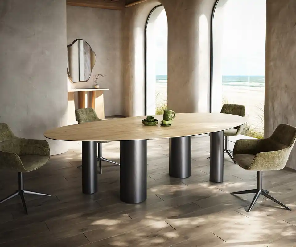 Neu Im Sortiment Esstisch Edge Oval 280x130 Keramik Laminam® Sabbia Eichefarbig Pilier Edelstahl Graphit