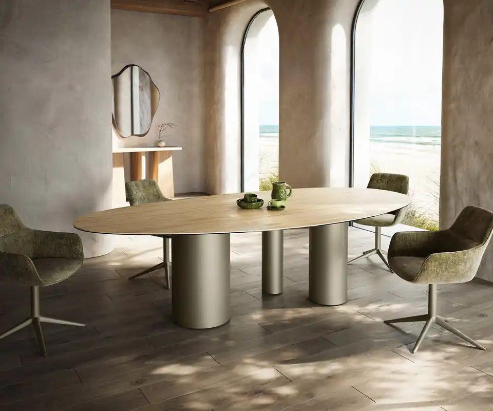 Esstisch Edge Oval 280x130 Keramik Laminam® Sabbia Eichefarbig Troa Metall Effektfinish Titan Highlight