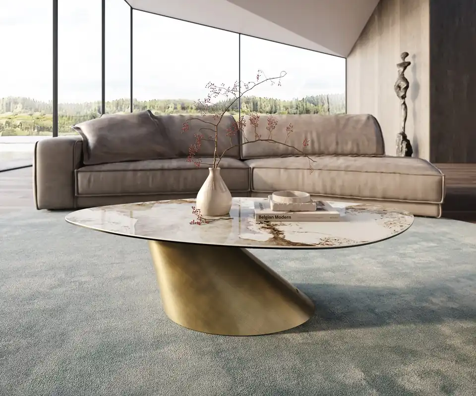 Must-Have Couchtisch Edge Organisch 140x76 cm Keramik Minas Melange Conis Metallic Gold