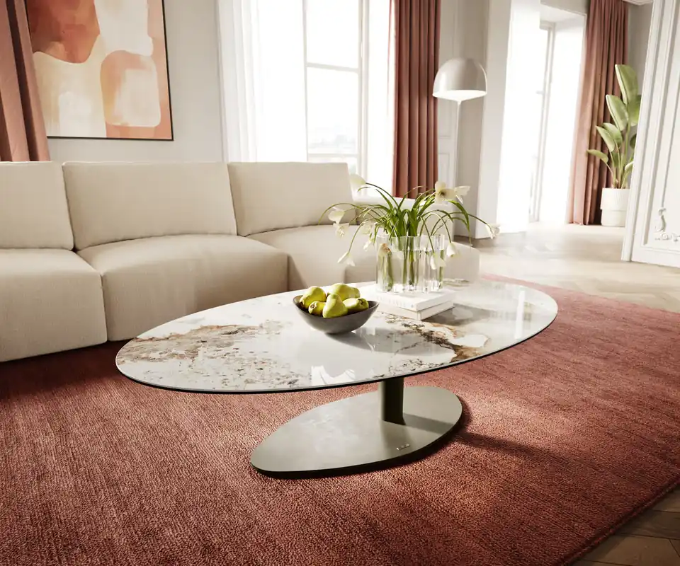 Markenware Couchtisch Edge Oval 140x80 cm Keramik Minas Melange Vibany Metall Effektfinish Titan