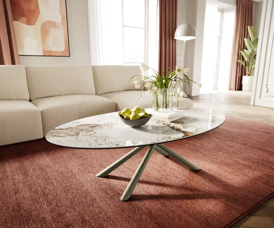 Schnäppchen Couchtisch Edge Oval 140x80 cm Keramik Minas Melange Sarity Metall Effektfinish Titan