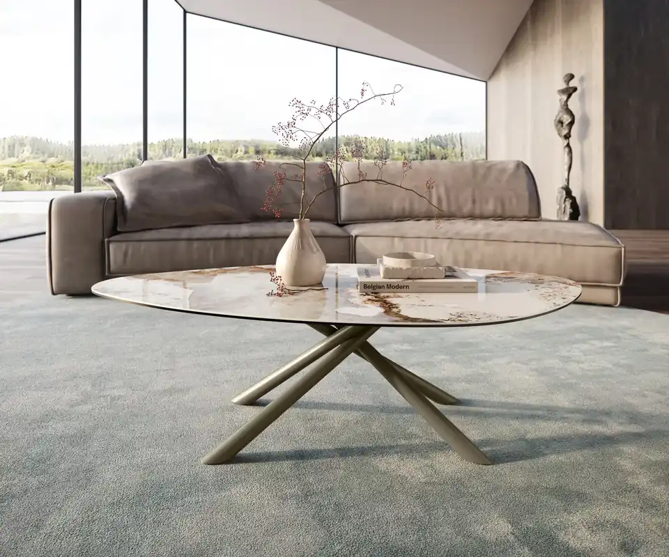 Garantierte Lieferung Couchtisch Edge Organisch 140x76 cm Keramik Minas Melange Sarity Metall Effektfinish Titan