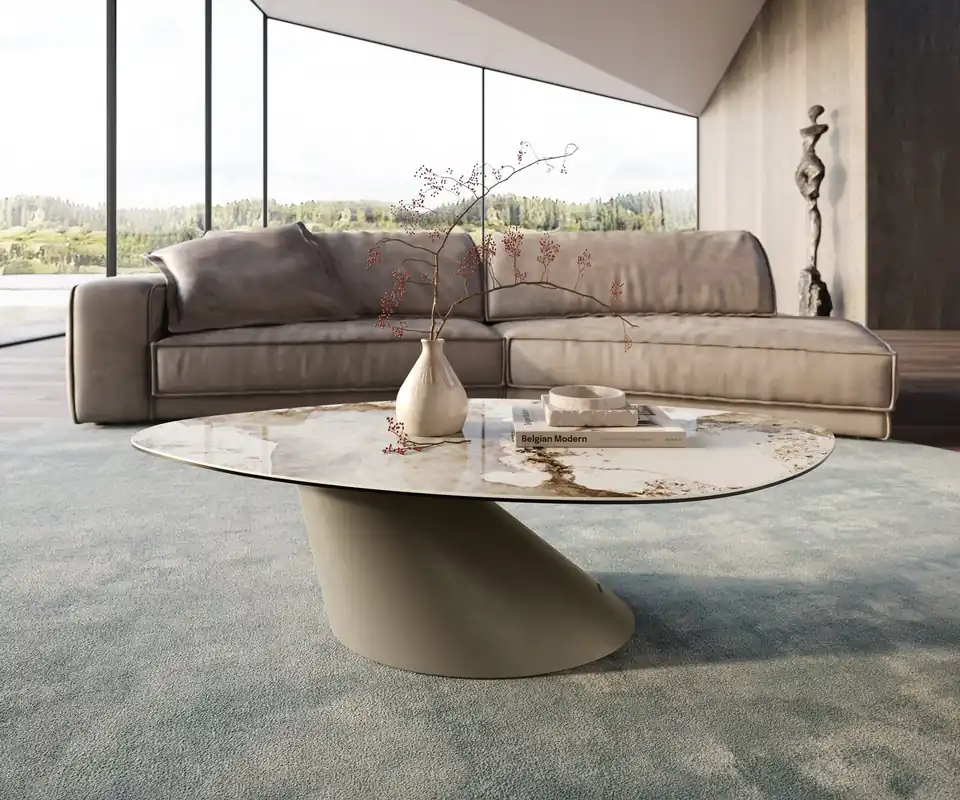 Neue Ware Couchtisch Edge Organisch 140x76 cm Keramik Minas Melange Conis Metall Effektfinish Titan