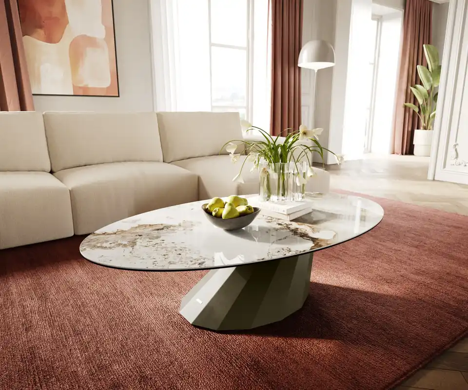 Wochenendangebot Couchtisch Edge Oval 140x80 cm Keramik Minas Melange Parabi Metall Effektfinish Titan