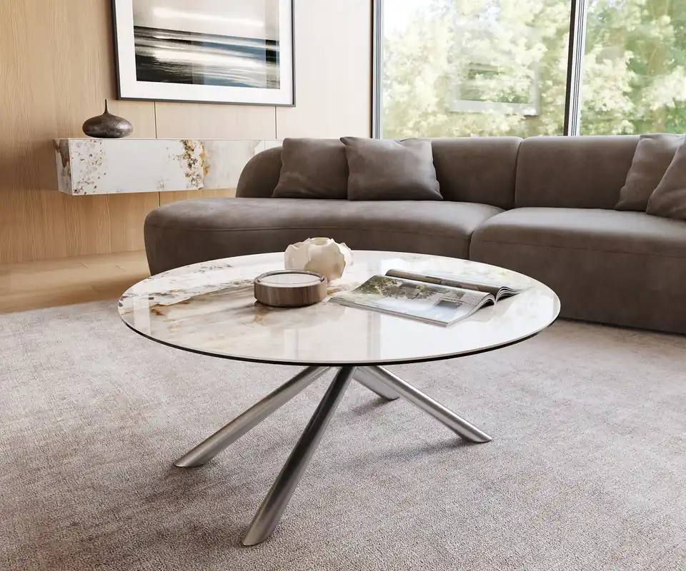 Couchtisch Edge Rund 100x100 cm Keramik Minas Melange Sarity Edelstahl gebürstet Markenware