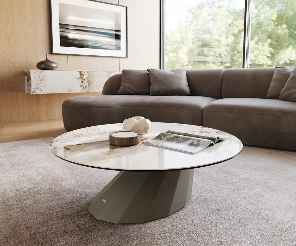 Couchtisch Edge Rund 100x100 cm Keramik Minas Melange Parabi Metall Effektfinish Titan Expressversand