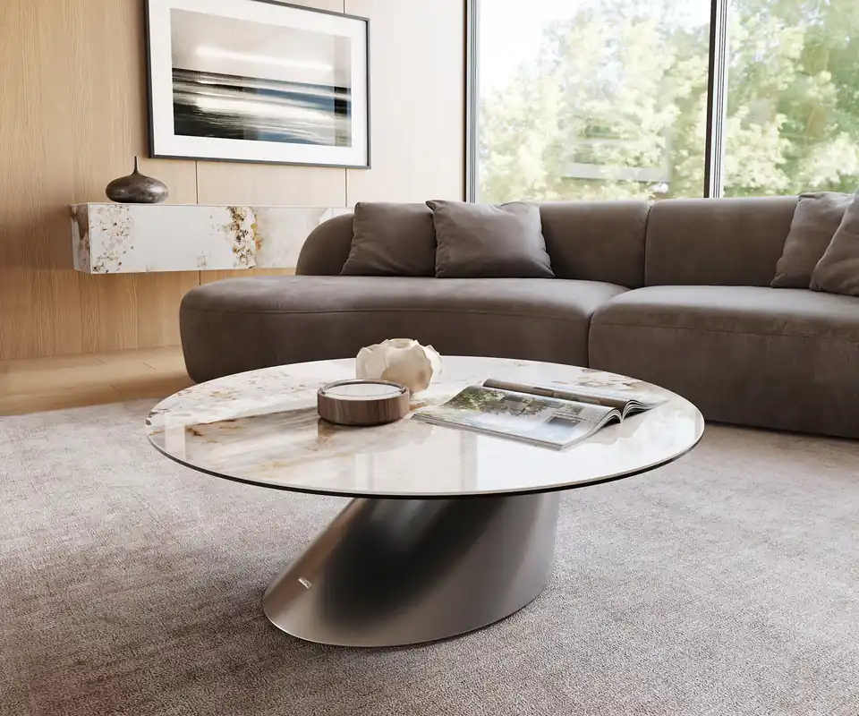 Jetzt Kaufen Couchtisch Edge Rund 100x100 cm Keramik Minas Melange Conis Edelstahl gebürstet