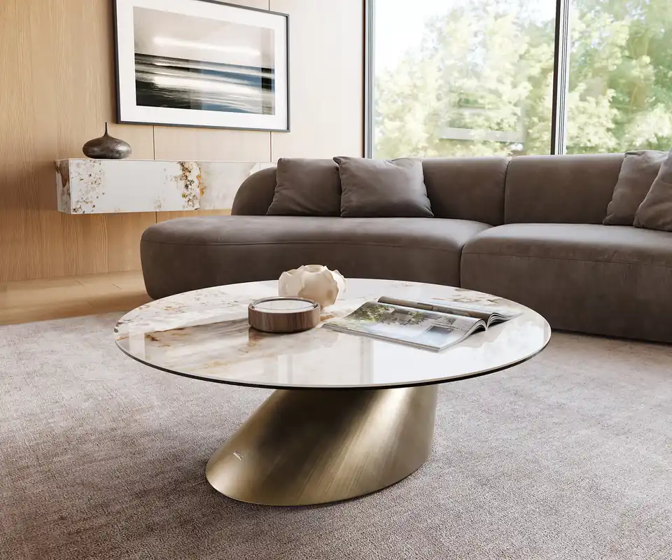 Abverkauf Couchtisch Edge Rund 100x100 cm Keramik Minas Melange Conis Metallic Gold