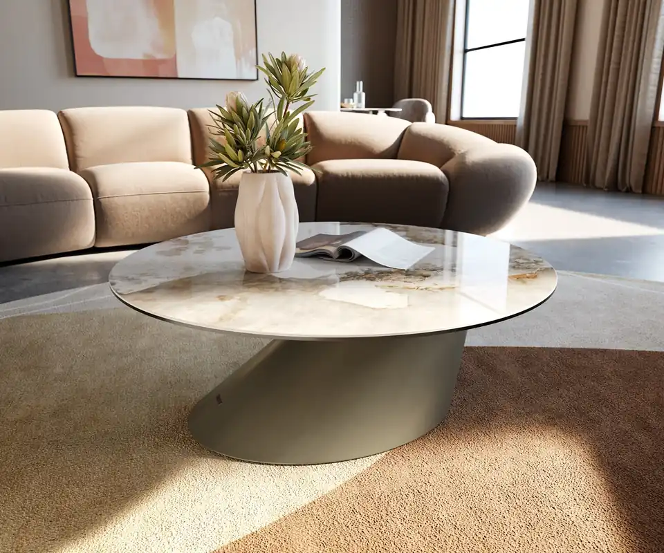 Billig Couchtisch Edge Rund 90x90 cm Keramik Minas Melange Conis Metall Effektfinish Titan