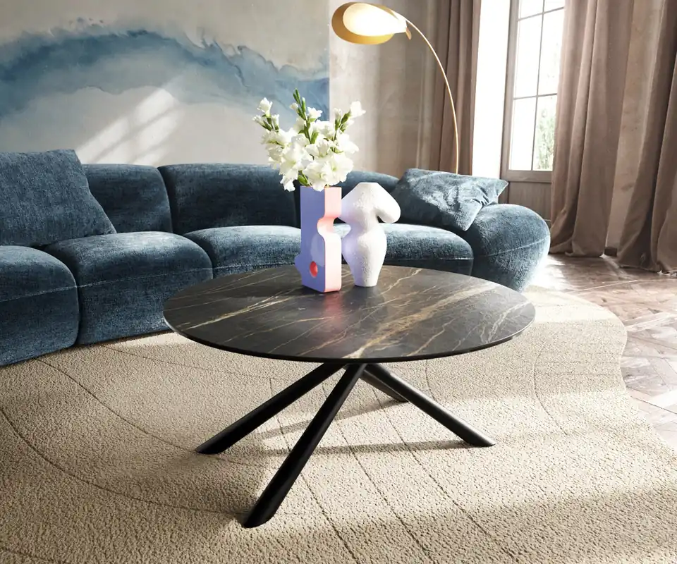 Abverkauf Couchtisch Edge Rund 90x90 cm Keramik Laminam® Noir Desir Braun Sarity Metall Schwarz
