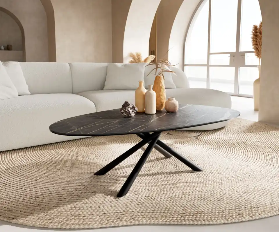Neuheit Couchtisch Edge Oval 140x75 cm Keramik Laminam® Noir Desir Braun Sarity Metall Schwarz