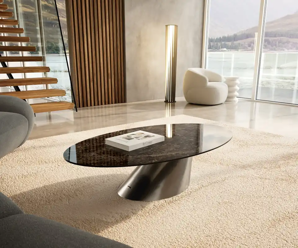Couchtisch Edge Oval 140x80 cm Keramik Emperador Extra Lucidato Dunkelbraun Conis Edelstahl gebürstet Sonderangebot