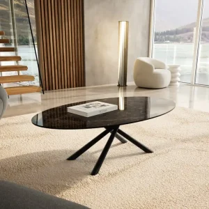 Abverkauf Couchtisch Edge Oval 140x80 cm Keramik Emperador Extra Lucidato Dunkelbraun Sarity Metall Schwarz