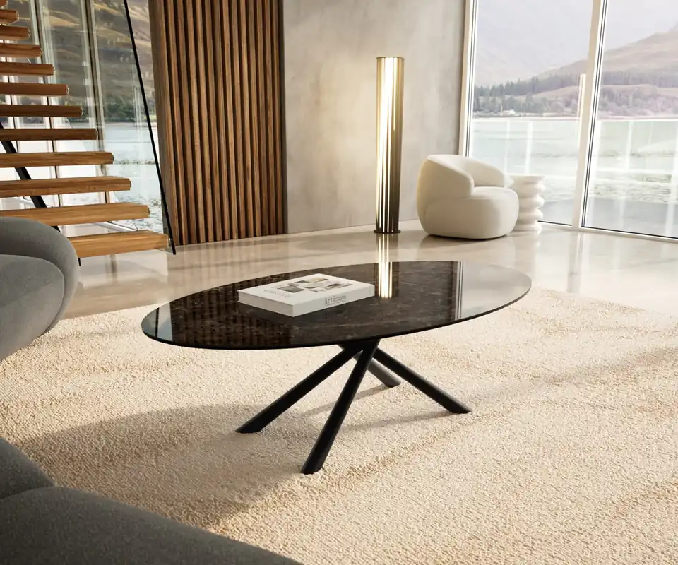 Abverkauf Couchtisch Edge Oval 140x80 cm Keramik Emperador Extra Lucidato Dunkelbraun Sarity Metall Schwarz