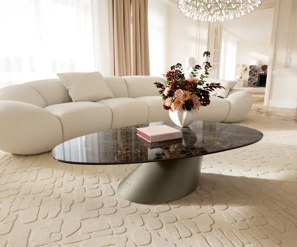 Sichere Zahlung Couchtisch Edge Oval 140x75 cm Keramik Emperador Extra Lucidato Dunkelbraun Conis Metall Effektfinish Titan