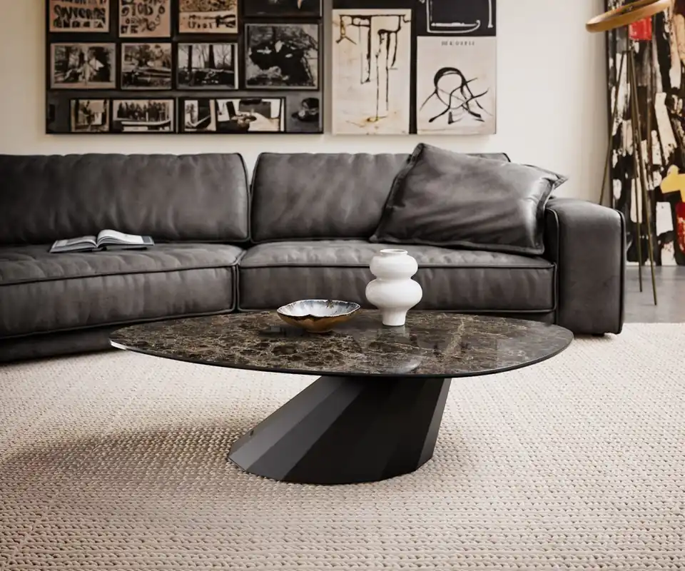 Heißes Angebot Couchtisch Edge Organisch 140x76 cm Keramik Emperador Extra Lucidato Dunkelbraun Parabi Metall Schwarz