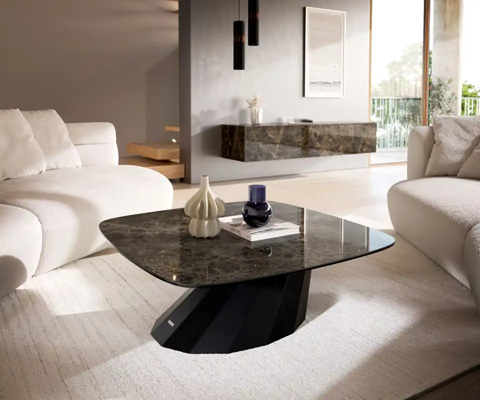 Couchtisch Edge Boot 90x90 cm Keramik Emperador Extra Lucidato Dunkelbraun Parabi Metall Schwarz Neue Ware