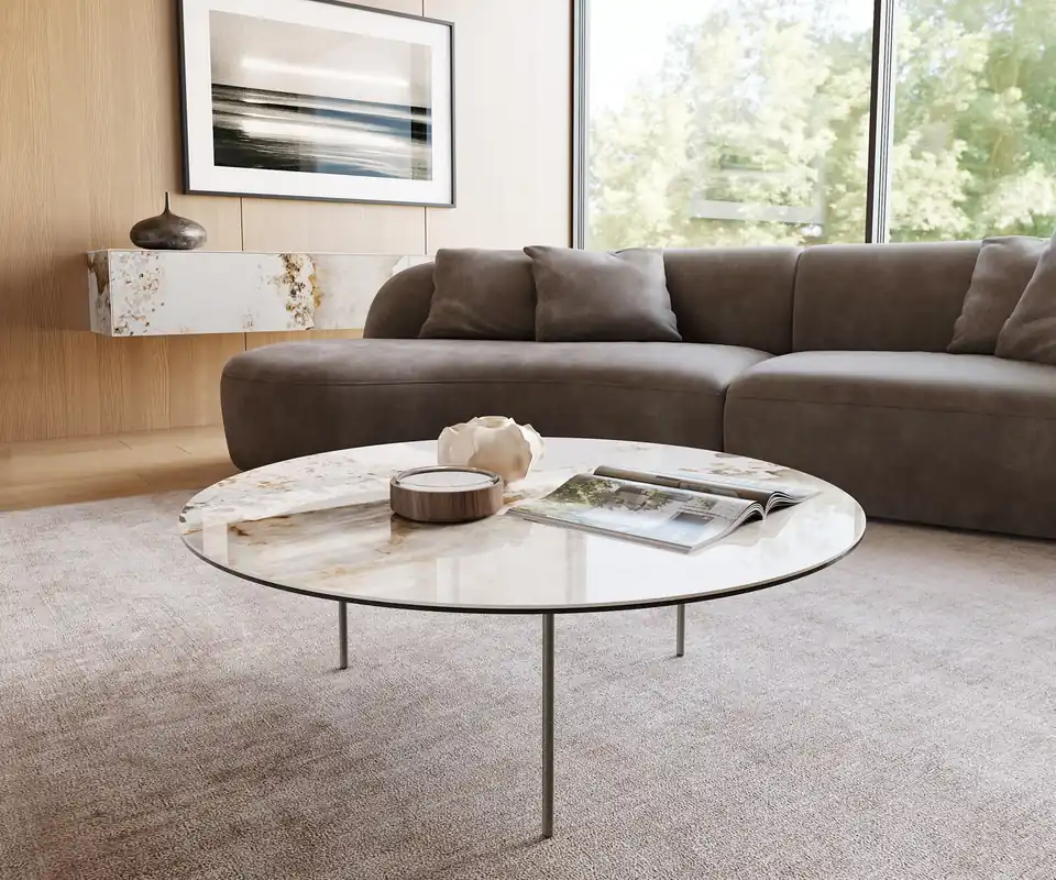 Sonderaktion Couchtisch Edge Rund 100x100 cm Keramik Minas Melange Trive Metall Effektfinish Titan